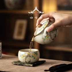 汝窰貓咪手抓壺茶壺單壺防燙蓋碗陶瓷泡茶家用女士精緻一人茶具