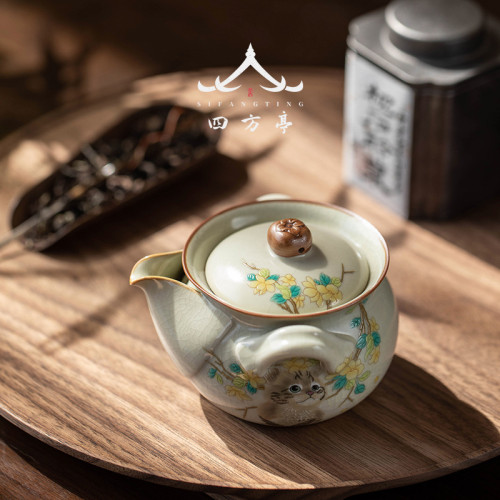 汝窰貓咪手抓壺茶壺單壺防燙蓋碗陶瓷泡茶家用女士精緻一人茶具