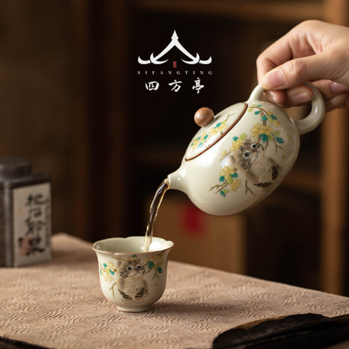 汝窰貓咪手抓壺茶壺單壺防燙蓋碗陶瓷泡茶家用女士精緻一人茶具