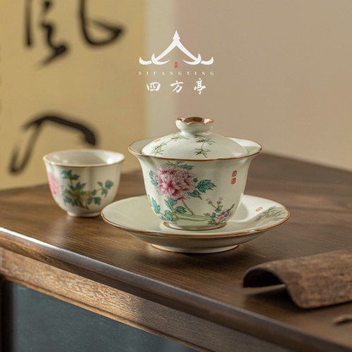汝窰蓋碗女士茶具三才茶碗茶杯帶蓋大號泡茶功夫家用八寶單個高檔