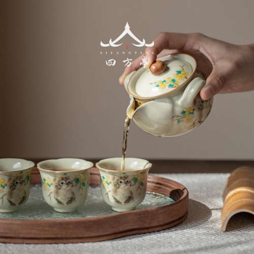汝窰手抓壺功夫茶具套裝一人茶壺喝茶女士高顔值泡茶壺蓋碗茶杯