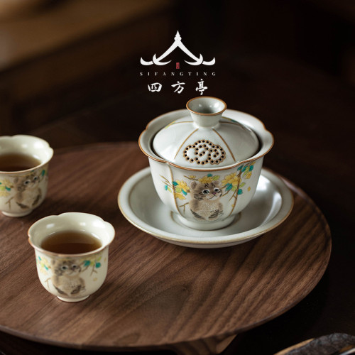 蓋碗茶杯貓咪三才茶碗汝窰功夫茶具泡茶杯家用不燙手女士單個茶碗