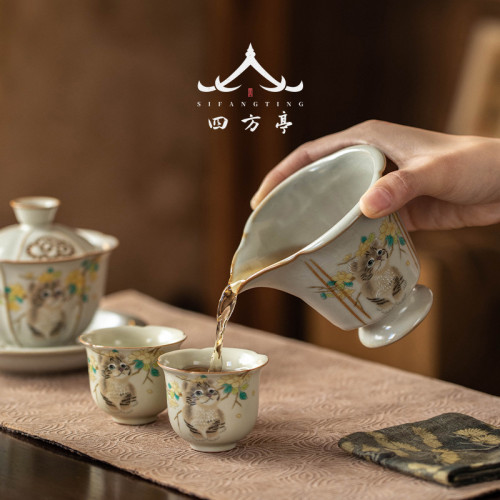 汝窰公道杯分茶器陶瓷貓咪公杯茶具功道杯高級高級網紅茶海一體