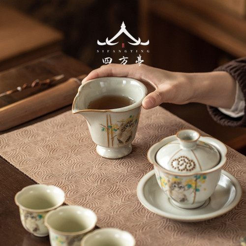 汝窰公道杯分茶器陶瓷貓咪公杯茶具功道杯高級高級網紅茶海一體