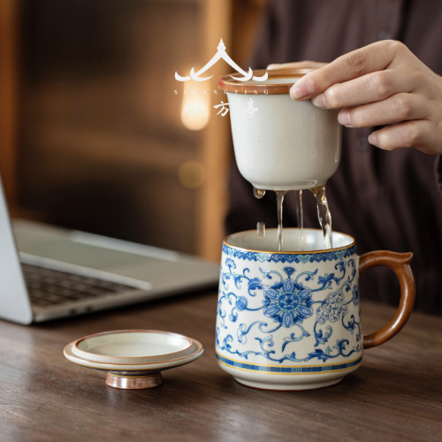 陶瓷茶杯水杯泡茶杯茶水分離青花瓷茶具辦公室杯子汝窰高檔伴手禮