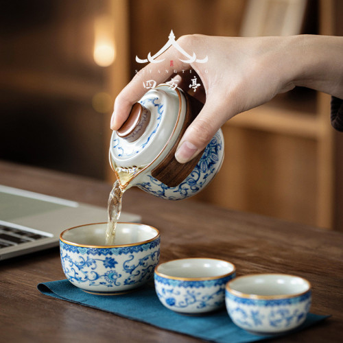 青花瓷快客杯一壺一杯旅行茶具可攜式泡茶壺陶瓷一人伴手禮汝窰