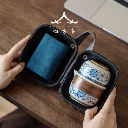 青花瓷快客杯一壺一杯旅行茶具可攜式泡茶壺陶瓷一人伴手禮汝窰