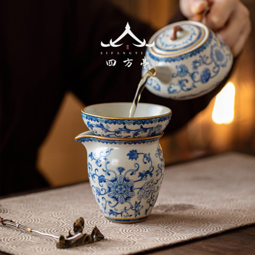 汝窰青花瓷手抓公道杯茶漏一體茶海勻杯陶瓷分茶器茶具高檔三件套