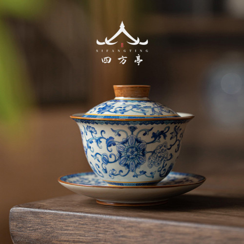 汝窰蓋碗茶具套裝青花瓷中式禮盒高檔輕奢功夫茶杯陶瓷2024新款