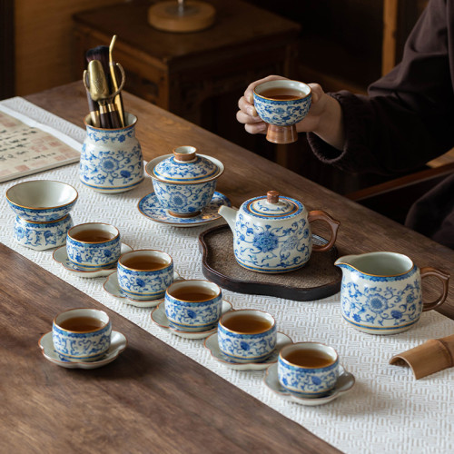 汝窰蓋碗茶具套裝青花瓷中式禮盒高檔輕奢功夫茶杯陶瓷2024新款