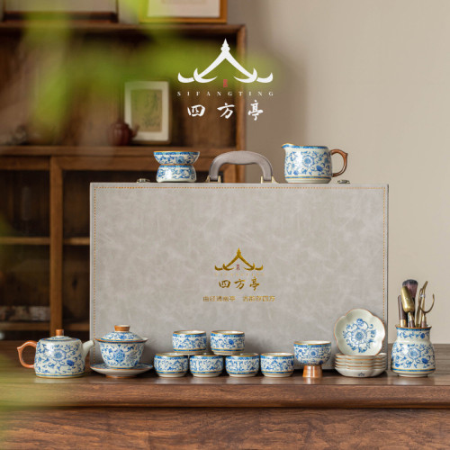 汝窰蓋碗茶具套裝青花瓷中式禮盒高檔輕奢功夫茶杯陶瓷2024新款
