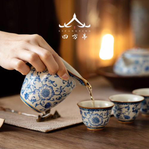 汝窰青花瓷公道杯茶漏一體茶海勻杯陶瓷大號分茶器茶具高檔三件套