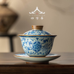 汝窰蓋碗青花瓷三才茶碗中式茶杯茶具單個高檔不燙手2024新款陶瓷