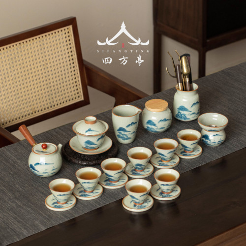 手繪功夫茶具套裝2024新款高檔輕奢中式蓋碗哥窰茶杯家用茶壺禮盒