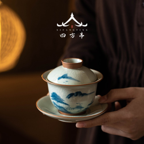 手繪功夫茶具套裝2024新款高檔輕奢中式蓋碗哥窰茶杯家用茶壺禮盒