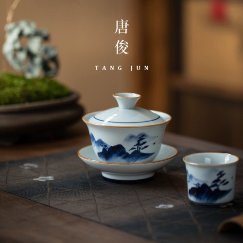 手繪蓋碗茶杯釉下彩青花瓷茶具單個高檔中式泡茶陶瓷三才茶碗帶蓋