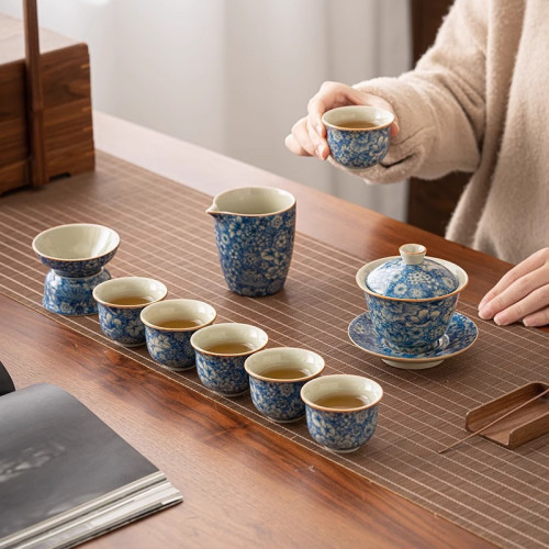 手工老陶泥仿古青花瓷功夫茶具套裝家用輕奢高檔泡茶壺中式蓋碗批