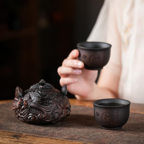 雲南手工紫陶滿工雕旅行茶具一壺二杯可攜式手抓茶壺戶外旅遊泡茶