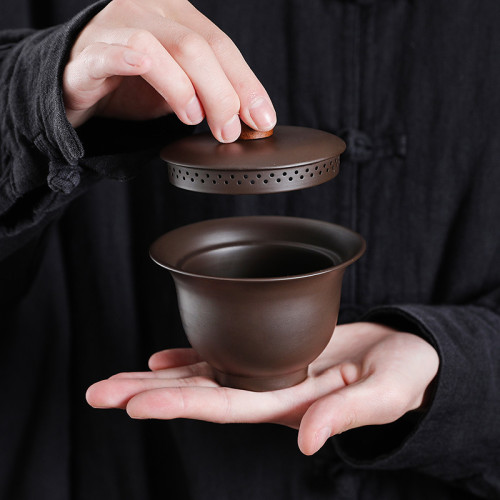 原礦可養蓋碗紫砂硃泥茶壺全孔自帶過濾免茶漏蓋碗防燙手抓茶器批