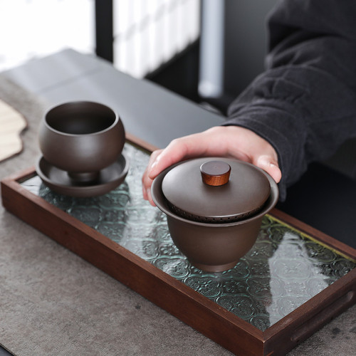 原礦可養蓋碗紫砂硃泥茶壺全孔自帶過濾免茶漏蓋碗防燙手抓茶器批