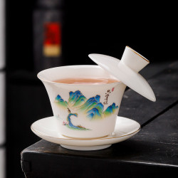 羊脂玉懸停懸浮蓋碗三才蓋碗茶具防燙陶瓷泡茶碗手工高檔帶蓋