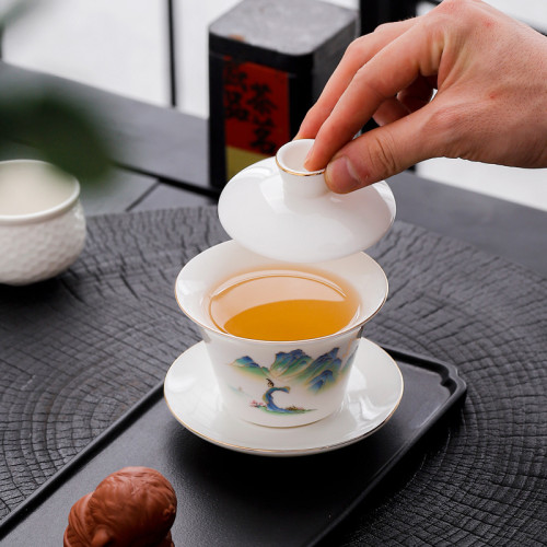 羊脂玉懸停懸浮蓋碗三才蓋碗茶具防燙陶瓷泡茶碗手工高檔帶蓋