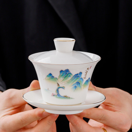 羊脂玉懸停懸浮蓋碗三才蓋碗茶具防燙陶瓷泡茶碗手工高檔帶蓋