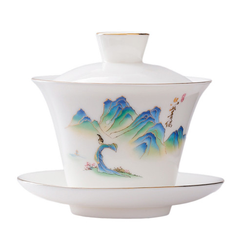 羊脂玉懸停懸浮蓋碗三才蓋碗茶具防燙陶瓷泡茶碗手工高檔帶蓋
