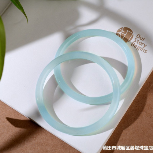 玉髓手鐲叮噹鐲女高冰瑪瑙鐲子一對古風少女禮物細圓條湖水藍鐲子