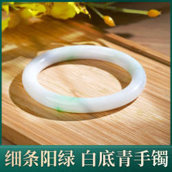 緬甸礦區天然老坑陽綠白底青翡翠手鐲細圓條女款叮噹鐲翡翠玉手鐲