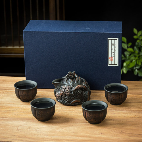 滿工雕刻紫陶西施美人壺旅行茶具紫砂壺純手工可攜式高級禮盒手抓壺