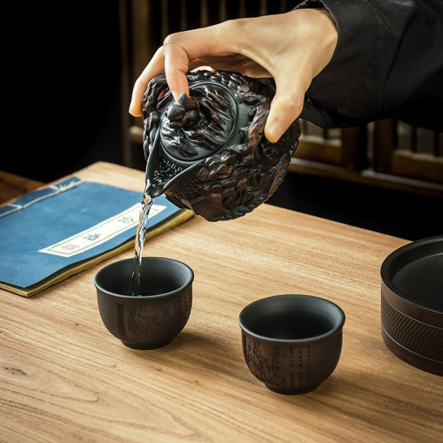 滿工雕刻紫陶西施美人壺旅行茶具紫砂壺純手工可攜式高級禮盒手抓壺