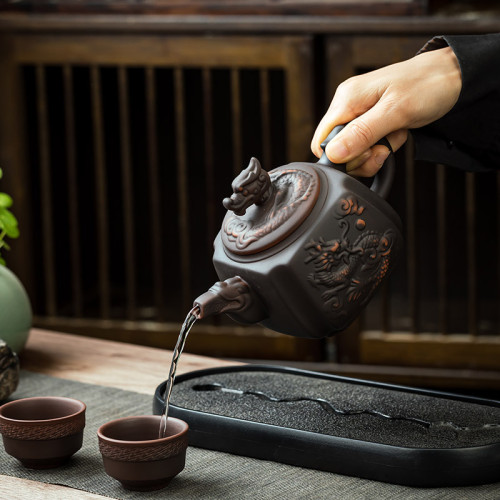 500cc名師手工浮雕紫陶四方龍尊紫砂壺鳳鳴壺一壺六杯斷水 泡茶壺