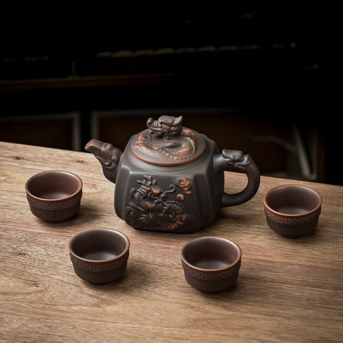500cc名師手工浮雕紫陶四方龍尊紫砂壺鳳鳴壺一壺六杯斷水 泡茶壺