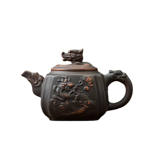500cc名師手工浮雕紫陶四方龍尊紫砂壺鳳鳴壺一壺六杯斷水 泡茶壺