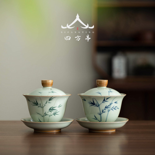 手繪釉下彩三才蓋碗單個高檔泡茶碗三件套景德鎮輕奢新款茶杯茶具