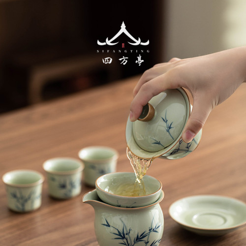 手繪釉下彩三才蓋碗單個高檔泡茶碗三件套景德鎮輕奢新款茶杯茶具