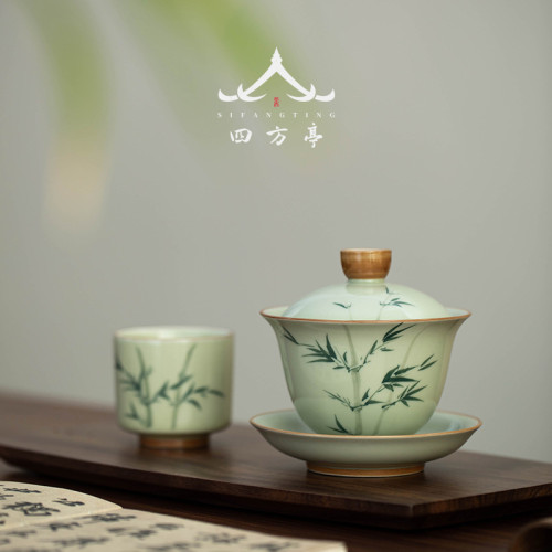 手繪釉下彩三才蓋碗單個高檔泡茶碗三件套景德鎮輕奢新款茶杯茶具