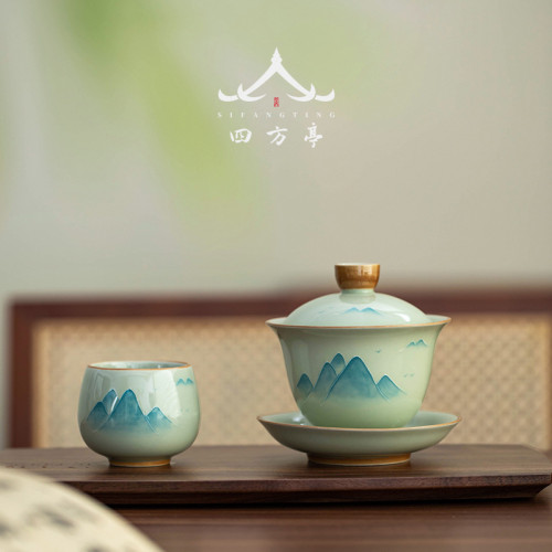手繪釉下彩三才蓋碗單個高檔泡茶碗三件套景德鎮2024新款茶杯茶具