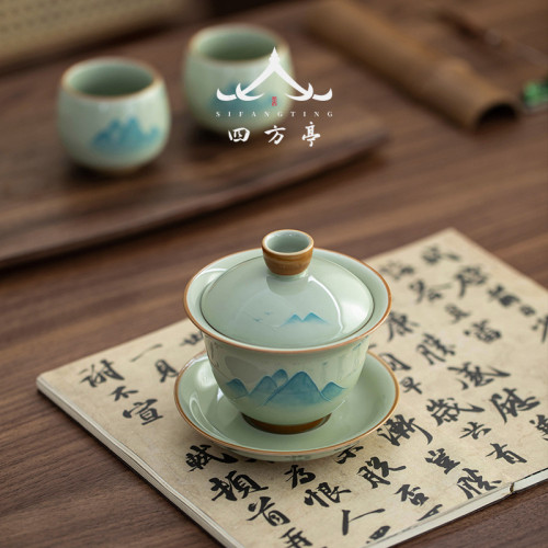 手繪釉下彩三才蓋碗單個高檔泡茶碗三件套景德鎮2024新款茶杯茶具