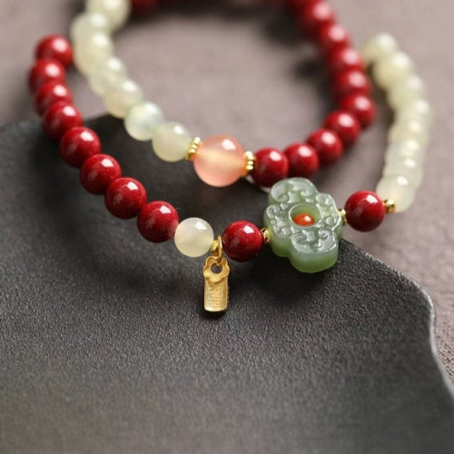 廠家批髮高含量紅硃砂雙圈手鏈和田玉蓮花手串抖音電商一件代髮