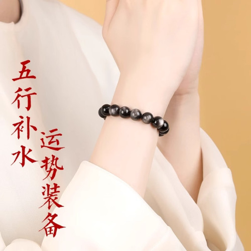黑曜石手串男女精緻百搭情侶款手鏈黑曜石金曜石轉運珠手串禮物