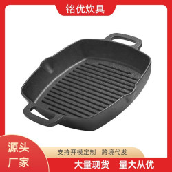 加厚鑄鐵雙耳方形條紋牛排煎鍋平底鍋戶外烤肉鍋無塗層烤盤