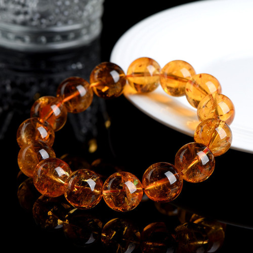 久雅水晶 天然7A級金紅暴力黃水晶圓珠手鏈 老鑛深黃水晶手串批髮
