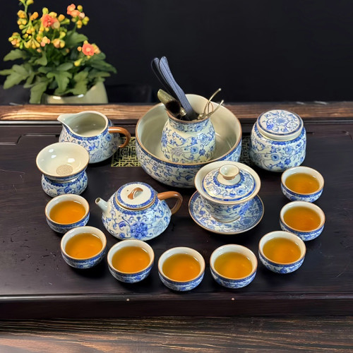 青花黃汝窰繁花琺瑯彩茶具套裝功夫茶具全套茶具茶壺茶杯高檔禮品