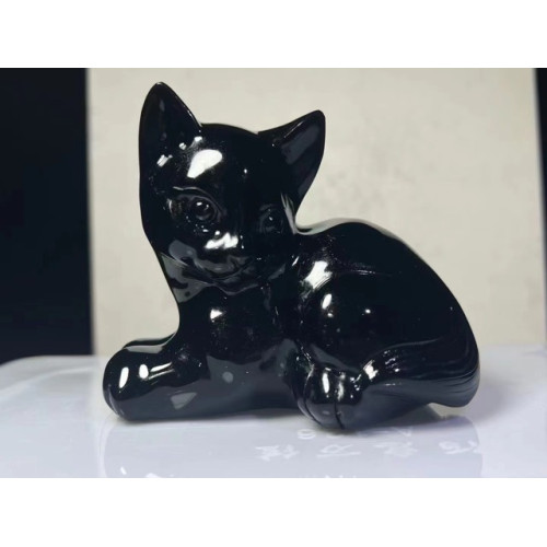 水晶動物貓雕刻水晶擺件黑曜石擺件家居桌面工藝品裝飾品