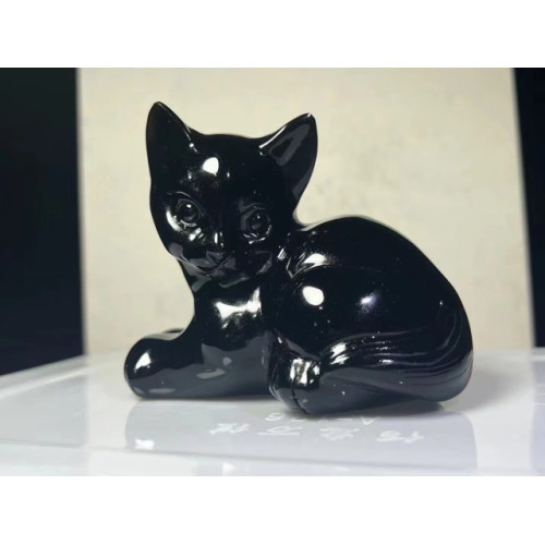 水晶動物貓雕刻水晶擺件黑曜石擺件家居桌面工藝品裝飾品