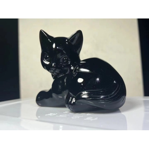 水晶動物貓雕刻水晶擺件黑曜石擺件家居桌面工藝品裝飾品