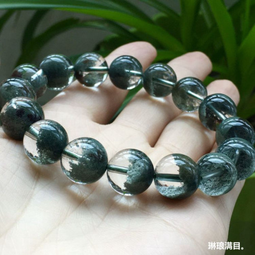 天然巴西水晶手鏈綠幽霛手鏈半盆男女款綠幽霛手串單圈圓珠手鏈男