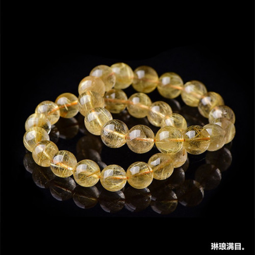 天然金髮晶手串男順髮黃水晶散珠飾品黃髮晶金鈦晶水晶彿珠手鏈女